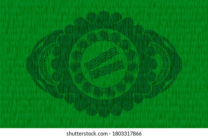 bacon icon inside grass grama realistic badge. Eco graceful background. Intense illustration. 
