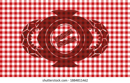 bacon icon inside red checkered tablecloth badge. Restaurant chic background. Artistic illustration. 