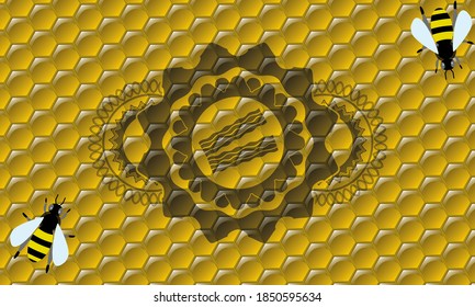 bacon icon inside sweet honey bees realistic emblem. beekeeping classic background. Intense illustration. 