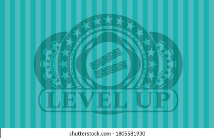 bacon icon and Level Up text Turquoise color realistic badge. Bars fancy background. Vector illustration. 