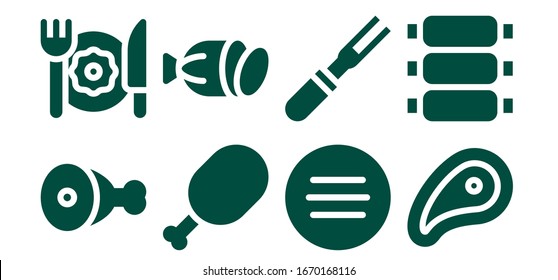 bacon icon set. 8 filled bacon icons.  Simple modern icons such as: Meat, Breakfast, Salami, Ribs