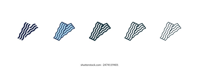 Bacon icon set. crispy pork meat slice vector symbol. bacon stripes sign in black filled and outlined style.