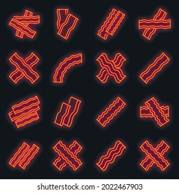 Bacon icons set. Outline set of bacon vector icons neon color on black