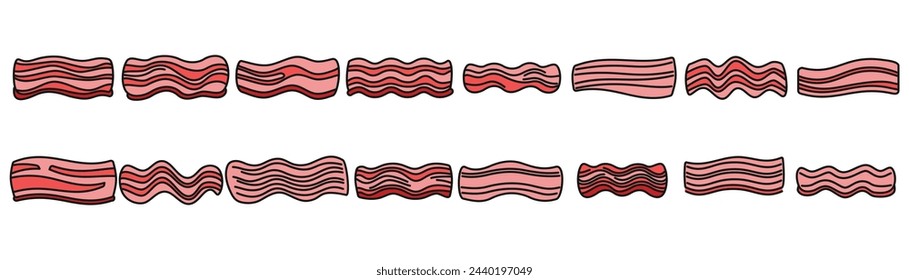 Bacon-Symbole setzen Umrissvektor. Triff Essen. Frisches Rindfleisch dünne Linie Farbe flach isoliert