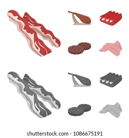 Bacon, jamon, pork ribs, fried cutlets. Meat set collection icons in cartoon, monochrome style vector symbol stock illustration web.