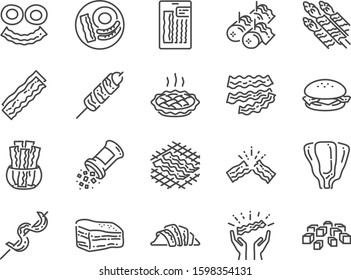 Bacon line icon set. Included icons as pork, food, tasty, smoked, yummy, grill and more.