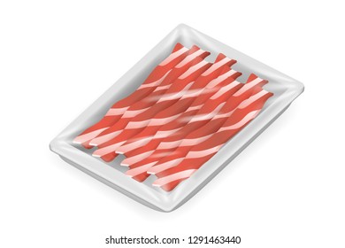 Bacon meat fillet food pack isolated isometric disposable package box realistic 3d shop design vector illustration