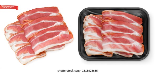 Bacon, meat in the package. Food 3d vector realistic