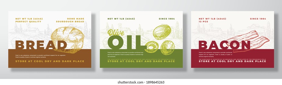 Bacon, Olive Oil and Sourdough Bread Food Label Templates Set. Abstract Vector Packaging Design Layouts Bundle. Modern Typography Banners with Hand Drawn Rural Landscape Background. Isolated.