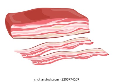 Bacon on a white background. Fresh bacon stripe. Pork meat. Ingredients for cooking, cafe and restaurant menus. Meat products. Fresh and fried becon. Flat Vector Illustration. 