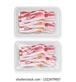 Bacon in plastic white plastic food package container. Vector illustration