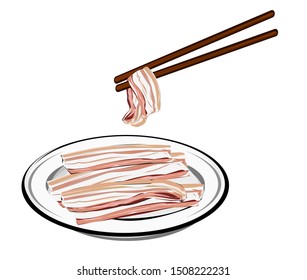 Bacon or pork belly slices,Fresh meat, served on plate,and chopsticks,  ingredients cooking  kitchen, raw meat assortment 