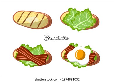 bacon sandwich, egg, salad. instructions, step-by-step preparation. cookbook. bruschetta with bacon. isolated