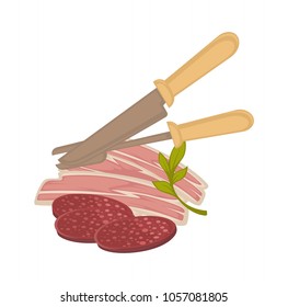 Bacon and sausage meat vector icon for butchery shop or gastronomy