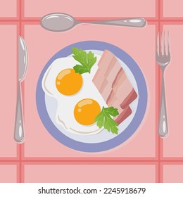 Bacon y huevos revueltos para el desayuno. Cubertería, mesa de desayuno. Huevos, tocino, hierbas. Comida saludable para el desayuno. Gráficos vectoriales, vista desde arriba.
