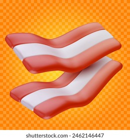 Bacon slice in 3d cartoon style. Cute realistic render element isolated on transparent background. Soft plastic or clay child toy. Vector illustration.