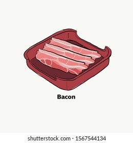 Bacon sliced on red plate,meat for Japanese grill, korean grill, thai pan bbq grill. Drawing illustration vector.