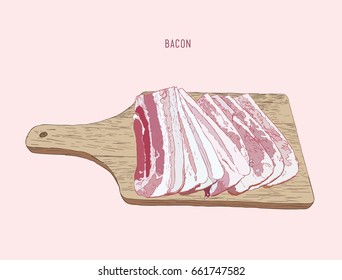 bacon sliced on wood tray, sketch vector.