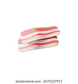 Bacon slices 3D plastic style icon. Two strips of pork meat. Cartoon fast food menu. Fresh meat food, butcher shop product. Vector volume render illustration isolated on white