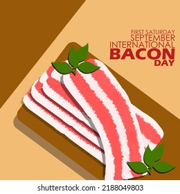 Bacon slices on a wooden placemat with bold text on light brown background, International Bacon Day on September 3