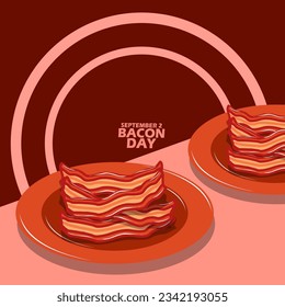 Bacon-Scheiben auf einem Teller auf braunem Tisch serviert, mit fett gedrucktem Text auf braunem Hintergrund, um den Internationalen Bacon-Tag am September zu feiern