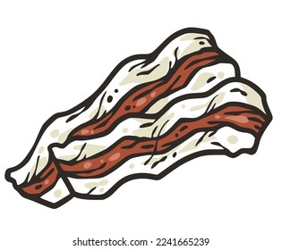 Bacon smoked, fried and grilled crispy for design of label or banner. Sliced strip of pork meat for design of american fast food. USA vector food for BBQ or barbecue.