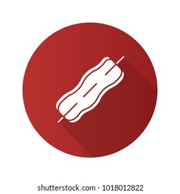 Bacon strip on skewer flat design long shadow glyph icon. Vector silhouette illustration