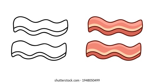 Bacon-Streifen, Doodle-Symbole gesetzt. Linear- und Farbversion. Schwarze, einfache Illustration von gebratenem Fleisch. Contour einzeln auf weißem Hintergrund