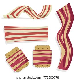 Bacon strips fried crispy, fresh and wrapped around a cracker. Vector flat icons set isolated on white background. Traditional breakfast.