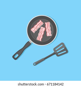 Bacon strips in frying pan isolated on blue background. Top view. Flat style vector illustration.