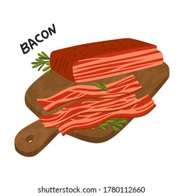 Bacon. Strips of Bacon on a wooden cutting board. Meat delicatessen. Simple flat style vector illustration