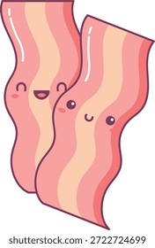 Tiras de tocino con caras sonrientes, bordes redondeados, sombreado suave y contorno limpio. Símbolo de la alegría del desayuno, comida reconfortante, amistad y diversión gastronómica. Ilustración vectorial de dibujos animados.