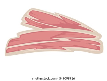 Bacon strips. Unhealthy food icon. Slice of fat pork - delicious snack, tasty meal breakfast. Graphic design element in cartoon style. Vector illustration isolated on white background.