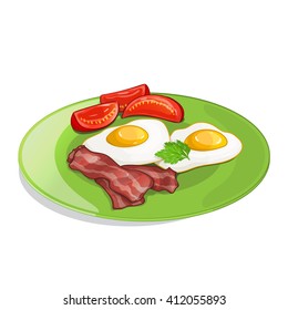Bacon, tomato and fried eggs on the plate. Vector illustration