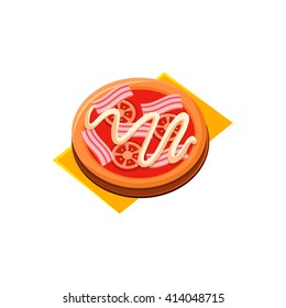 Bacon Tomato Pizza Flat Isolation primitive Cartoon-Style-Illustration auf weißem Hintergrund