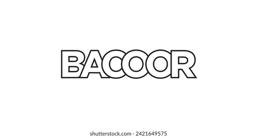 Emblema de Bacoor en Filipinas para la prensa y la web. El diseño presenta estilo geométrico, ilustración vectorial con tipografía audaz en fuente moderna. Letras gráficas de eslóganes aisladas en fondo blanco.