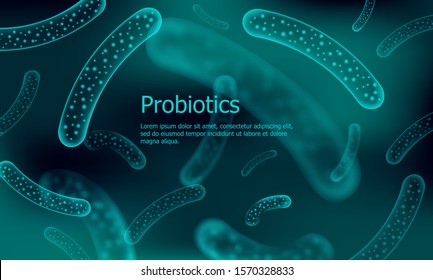 Bactérias 3D low poly renderizam probióticos. Flora de digestão normal saudável da produção de iogurte no intestino humano. Ciência moderna, tecnologia, medicina, alergia, imunidade, thearment. Formação científica. 