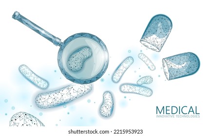 Bacteria 3D low poly render probiotics. Healthy normal digestion flora of human intestine yoghurt production. Modern science technology medicine allergy immunity thearment vector illustration