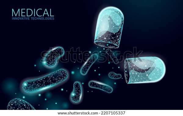 Bacteria 3D low poly render probiotics.\
Healthy normal digestion flora of human intestine yoghurt\
production. Modern science technology medicine allergy immunity\
thearment vector\
illustration