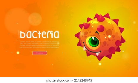 Bacteria banner with cute round microbe character. Vector medical poster with cartoon illustration of funny orange germ, virus or bacterium cell. Comic circle microorganism with spikes