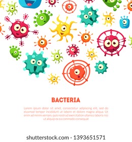 Bacteria Banner Template with Cute Colorful Microorganisms and Place for Text, Probiotics, Medicine or Dietary Supplements for Gastrointestinal Health Vector Illustration