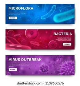Bacteria banners. Viruses, 3d microscopic infection bacterium cells, flu germ microflora molecular biology biotechnology background. Microbiology medical web template vector isolated banner concept