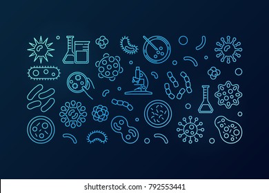 Bacteria blue vector illustration or horizontal banner made with bacterias and microbes concept icons on dark background