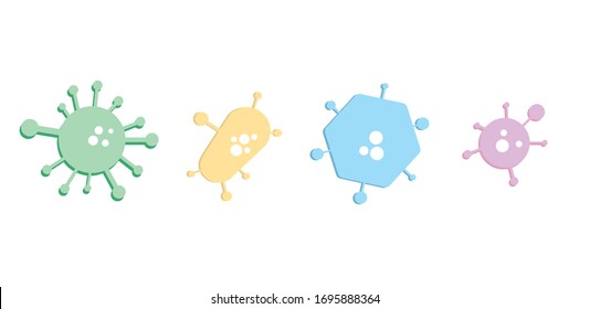 Bakterienbündel. Farbviren. Freundliches Bacilli-Paket. Keimsammlung mit Armen und Kern. Mikroben-Array. Vektorillustration lebender Organismen. Sortiment an grünen, gelben, blauen und violetten Krankheitserregern.
