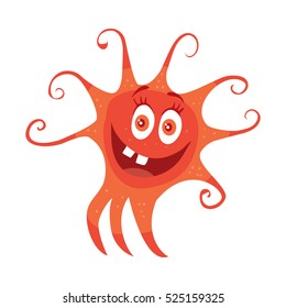 Bacteria cartoon character with eyes and mouth. Red funny microbe flat vector illustration isolated on white background. Virus, germ, monster or parasite icon. For medical, hygienic, science concept