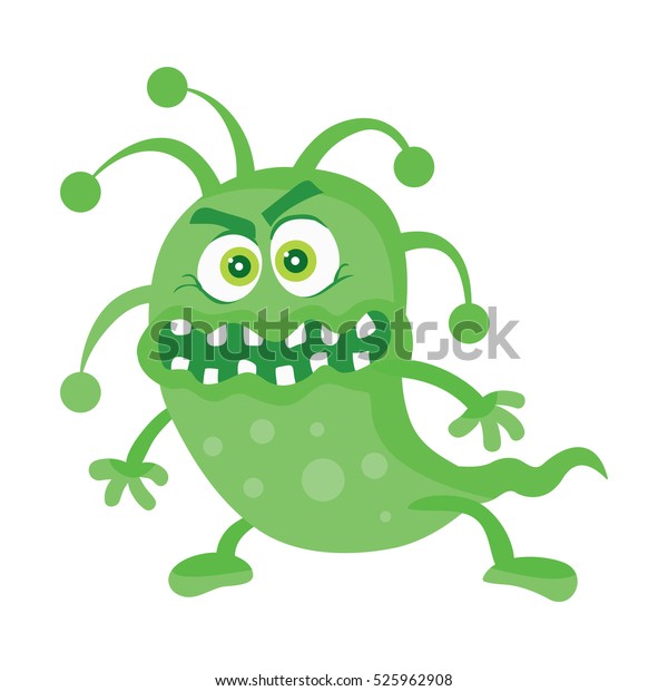 目と口を持つバクテリアの漫画のキャラクター 白い背景に緑の怒りの微生物の平らなベクターイラスト ウイルス 細菌 化け物 寄生虫のアイコン 医療 衛生 科学のコンセプト のベクター画像素材 ロイヤリティフリー