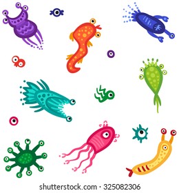 Bacteria cartoon set or pattern. Vector medical positive illustration with microbes.