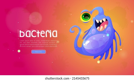 Bacteria cartoon web banner, cute one-eyed virus cell or germ character. Smiling pathogen monster, micro organism with funny happy face, toothy microbe with purple body, long tail Vector illustration