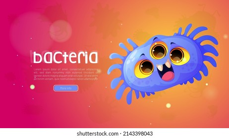 Banner de la web de dibujos animados bacterianos con un divertido microbio azul o personaje de virus. Célula linda, germen alegre con tres ojos en cara sonriente y flagela. Microbio patógeno, microorganismo Ilustración vectorial