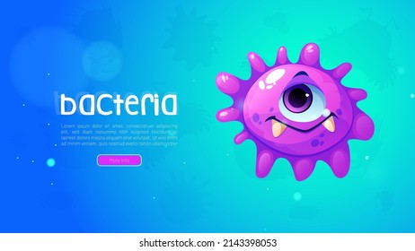 Bacteria cartoon web banner with funny corona virus disease character, one-eyed coronavirus with funny toothy face or germ cell pathogen microbe monster with big eye and pimples, Vector illustration